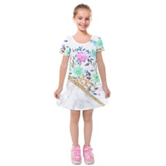 Minimal Green Gold Floral Marble A Kids  Short Sleeve Velvet Dress