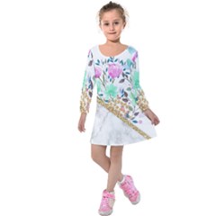 Minimal Green Gold Floral Marble A Kids  Long Sleeve Velvet Dress