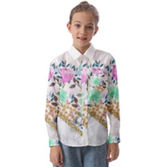 Minimal Green Gold Floral Marble A Kids  Long Sleeve Shirt by gloriasanchez