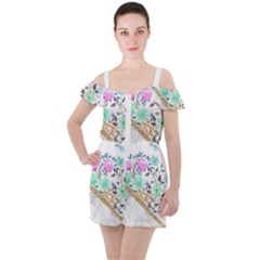 Minimal Green Gold Floral Marble A Ruffle Cut Out Chiffon Playsuit by gloriasanchez