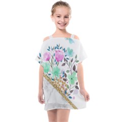 Minimal Green Gold Floral Marble A Kids  One Piece Chiffon Dress by gloriasanchez