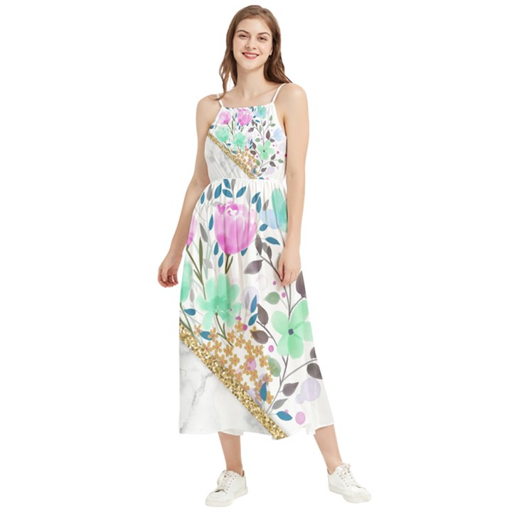 Minimal Green Gold Floral Marble A Boho Sleeveless Summer Dress