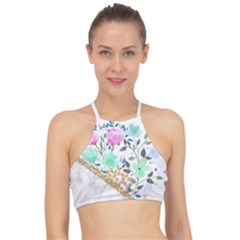 Minimal Green Gold Floral Marble A Racer Front Bikini Top by gloriasanchez