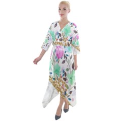 Minimal Green Gold Floral Marble A Quarter Sleeve Wrap Front Maxi Dress by gloriasanchez