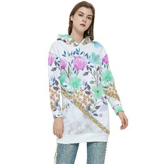 Minimal Green Gold Floral Marble A Women s Long Oversized Pullover Hoodie