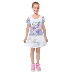 Minimal Purble Floral Marble A Kids  Short Sleeve Velvet Dress