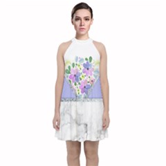 Minimal Purble Floral Marble A Velvet Halter Neckline Dress 