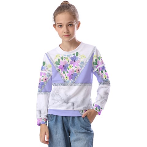 Minimal Purble Floral Marble A Kids  Long Sleeve Tee With Frill  by gloriasanchez