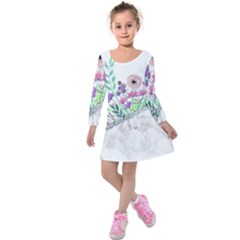 Minimal Silver Floral Marble A Kids  Long Sleeve Velvet Dress