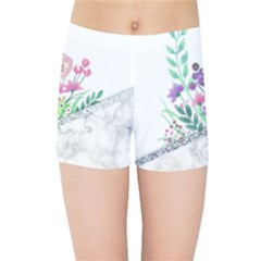 Minimal Silver Floral Marble A Kids  Sports Shorts by gloriasanchez