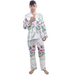 Minimal Silver Floral Marble A Men s Long Sleeve Satin Pajamas Set by gloriasanchez