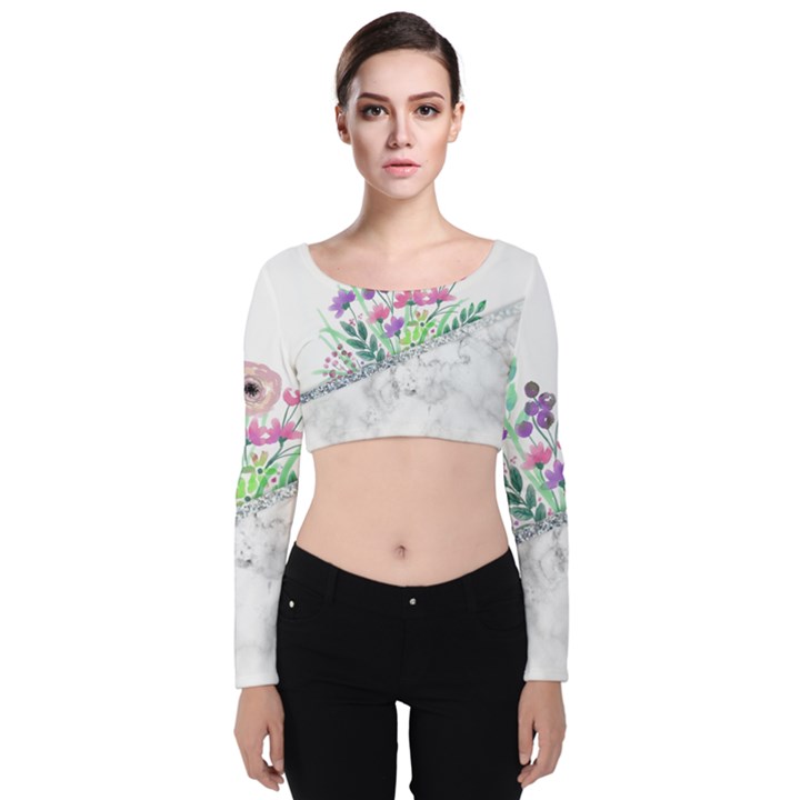 Minimal Silver Floral Marble A Velvet Long Sleeve Crop Top