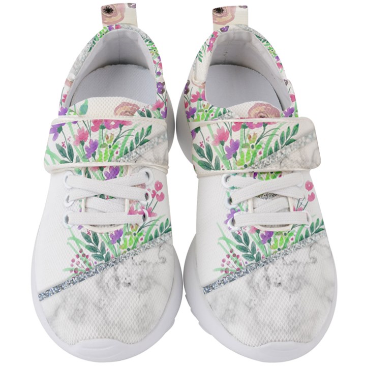 Minimal Silver Floral Marble A Kids  Velcro Strap Shoes