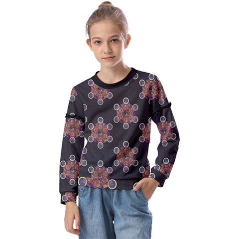 Metatron Cube Kids  Long Sleeve Tee With Frill  by gloriasanchez