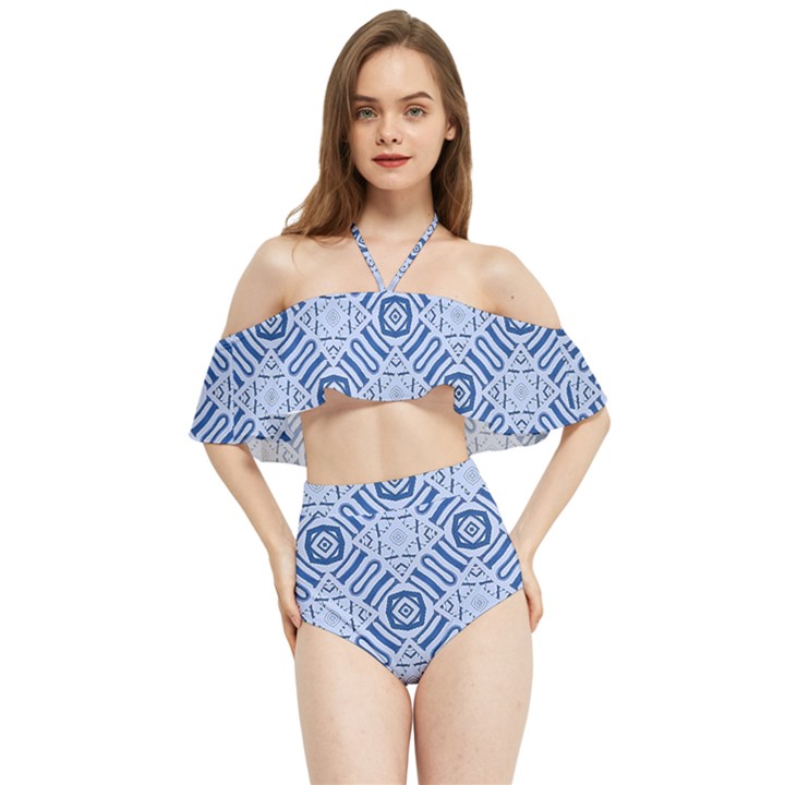 Blue Greek Halter Flowy Bikini Set 