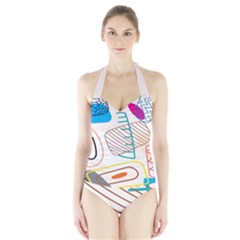 Pastel Abstract Pattern With Beige, Coffee Color Strap Halter Swimsuit