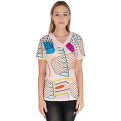 Pastel Abstract Pattern With Beige, Coffee Color Strap Women s V-neck Scrub Top by Casemiro