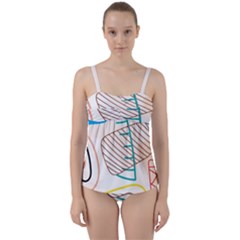 Pastel Abstract Pattern With Beige, Coffee Color Strap Twist Front Tankini Set by Casemiro