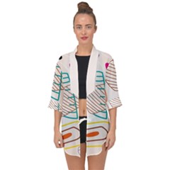 Pastel Abstract Pattern With Beige, Coffee Color Strap Open Front Chiffon Kimono by Casemiro