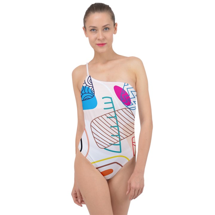 Pastel abstract pattern with beige, coffee color strap Classic One Shoulder Swimsuit