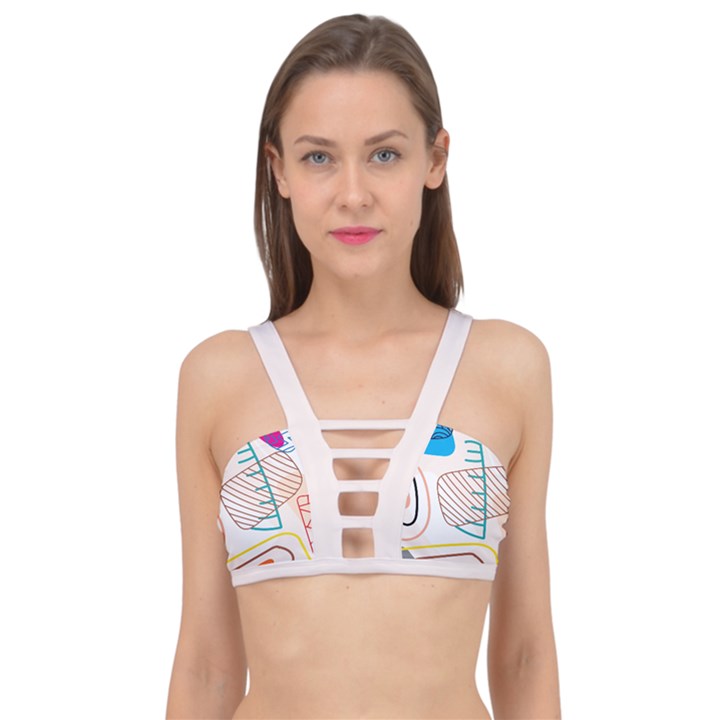 Pastel abstract pattern with beige, coffee color strap Cage Up Bikini Top