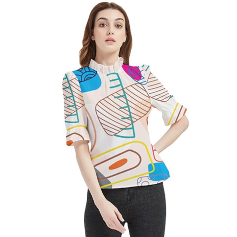 Pastel Abstract Pattern With Beige, Coffee Color Strap Frill Neck Blouse by Casemiro