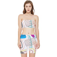 Pastel Abstract Pattern With Beige, Coffee Color Strap Stretch Shorts And Tube Top Set