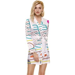 Pastel Abstract Pattern With Beige, Coffee Color Strap Long Sleeve Satin Robe