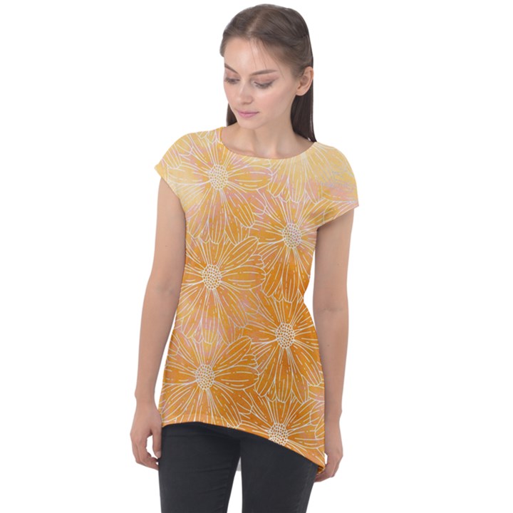 Flowers Pattern Orange Yellow Cap Sleeve High Low Top