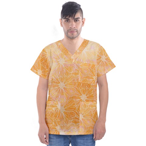 Flowers Pattern Orange Yellow Men s V-neck Scrub Top by alllovelyideas