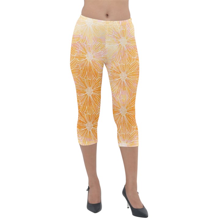 Flowers Pattern Orange Yellow Lightweight Velour Capri Leggings 