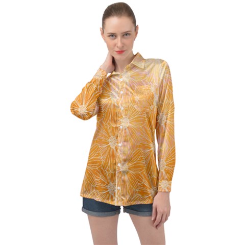 Flowers Pattern Orange Yellow Long Sleeve Satin Shirt by alllovelyideas