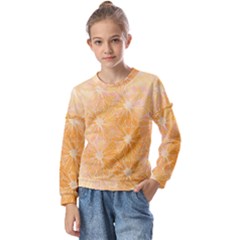 Flowers Pattern Orange Yellow Kids  Long Sleeve Tee With Frill 