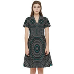 Mandala Vert Noir Pattern Short Sleeve Waist Detail Dress