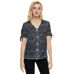 Mandala Vert Noir Pattern Bow Sleeve Button Up Top