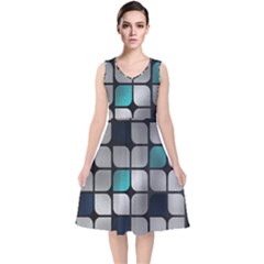 Pattern Abstrat Geometric Blue Grey V-neck Midi Sleeveless Dress  by alllovelyideas