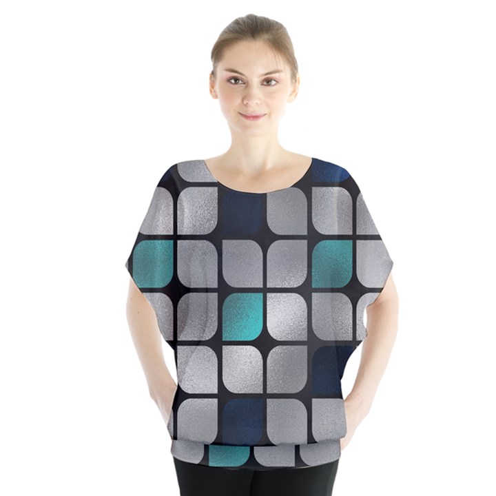 Pattern Abstrat Geometric Blue Grey Batwing Chiffon Blouse