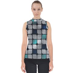 Pattern Abstrat Geometric Blue Grey Mock Neck Shell Top by alllovelyideas