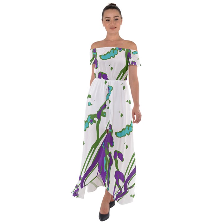 Multicolored Abstract Print Off Shoulder Open Front Chiffon Dress