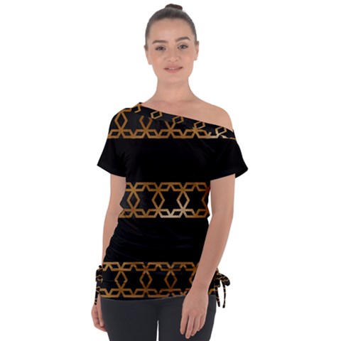 Pattern Geometric Gold Black Off Shoulder Tie-up Tee by alllovelyideas