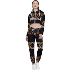 Pattern Geometric Gold Black Cropped Zip Up Lounge Set