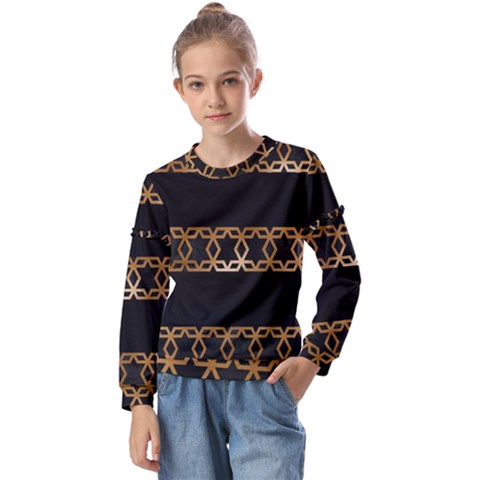 Pattern Geometric Gold Black Kids  Long Sleeve Tee With Frill  by alllovelyideas