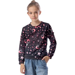 Pattern Lune Étoile Profondeur Kids  Long Sleeve Tee With Frill 