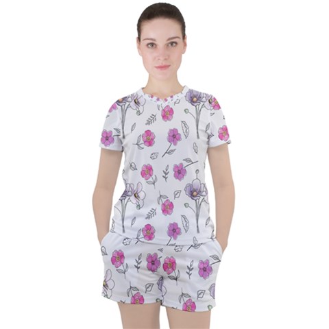 Flowers In One Line Women s Tee And Shorts Set by SychEva