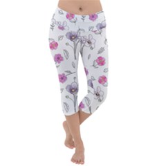 Flowers In One Line Lightweight Velour Capri Yoga Leggings by SychEva