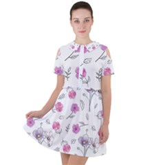 Flowers In One Line Short Sleeve Shoulder Cut Out Dress  by SychEva