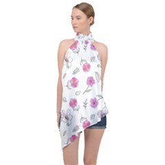 Flowers In One Line Halter Asymmetric Satin Top