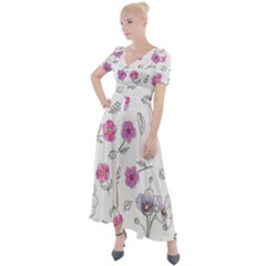 Flowers In One Line Button Up Short Sleeve Maxi Dress