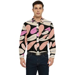 Pattern Feuilles Rose Peche Jaune Men s Long Sleeve Pocket Shirt 