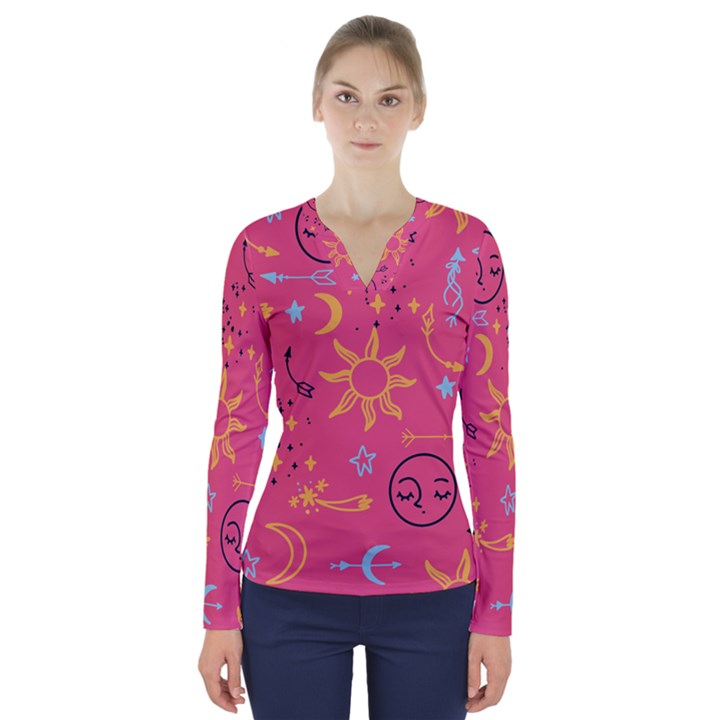 Pattern Mystic Color V-Neck Long Sleeve Top